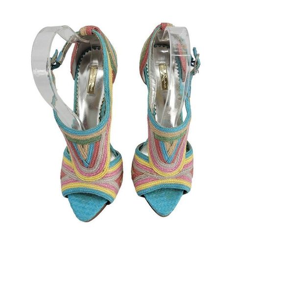 Report Signature Stiletto Heels 8 Pastel Rainbow Stripped Vegan Raffia Wood Heel - Picture 9 of 13
